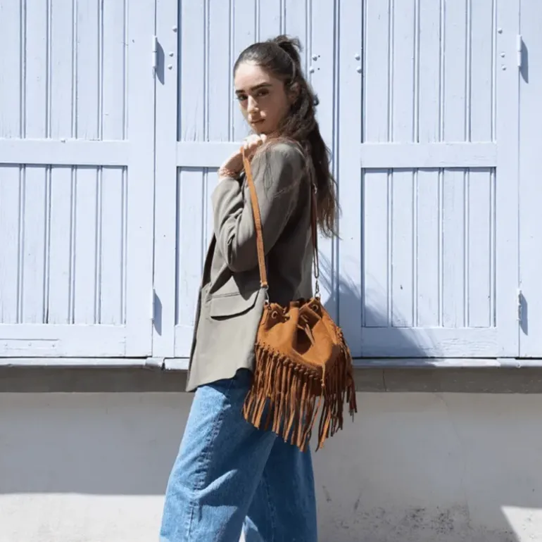 Sac seau a franges en cuir daim ORION